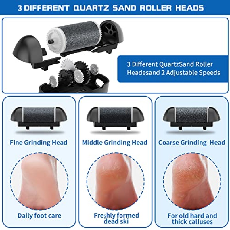 전기 발 각질 제거제, 충전식 휴대용 전자 발 파일 페디큐어 키트, 방수 발 스크러버 파일, 전문 페디큐어 도구, 죽은 피부를 위한 발 관리 이상적인 선물, 3 롤러