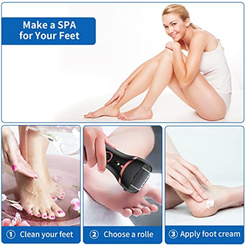 전기 발 각질 제거제, 충전식 휴대용 전자 발 파일 페디큐어 키트, 방수 발 스크러버 파일, 전문 페디큐어 도구, 죽은 피부를 위한 발 관리 이상적인 선물, 3 롤러