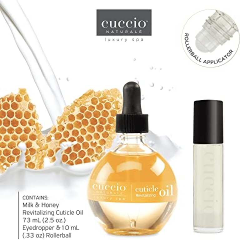 Cuccio Naturale 큐티클 리바이탈라이징 오일 세트 - 강렬한 수분 공급 - 손톱 보충 및 강화 - 건강한 피부 촉진 - 사용하기 쉬운 롤러볼 어플리케이터 - 우유 및 꿀 - 2개