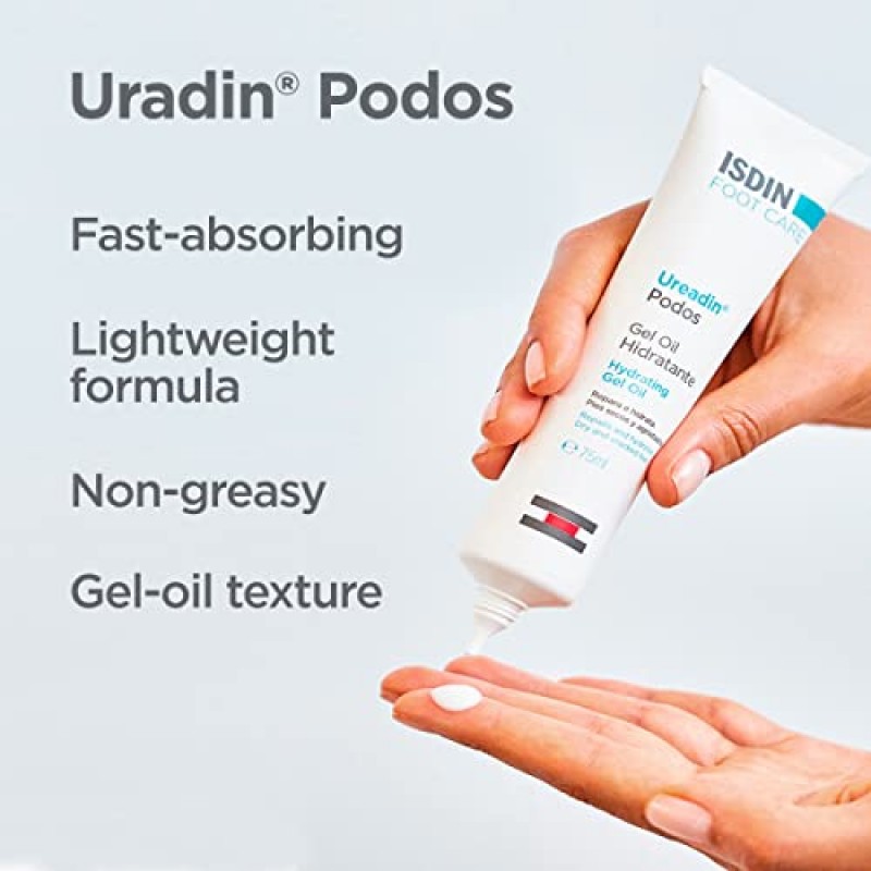 ISDIN 풋 케어 크림, Uradin Podos 젤 오일, 건조하고 갈라진 발을 수리하고 수분을 공급합니다. 요소 10%, 빠른 흡수, 피부과 테스트 완료, 2.5 Fl Oz
