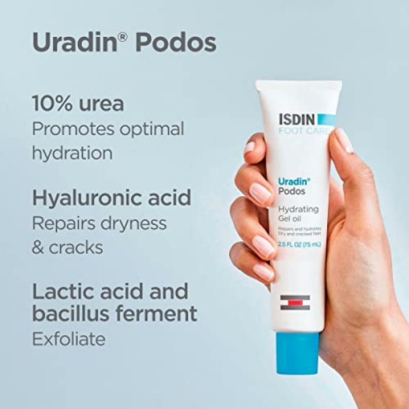 ISDIN 풋 케어 크림, Uradin Podos 젤 오일, 건조하고 갈라진 발을 수리하고 수분을 공급합니다. 요소 10%, 빠른 흡수, 피부과 테스트 완료, 2.5 Fl Oz