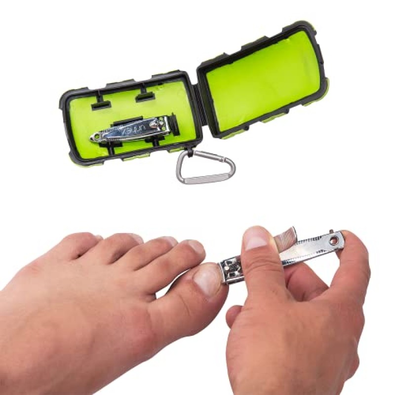 UNHEX – Unhex 스포츠 케이스 01 – 소형 손톱깎이 + 대형 손톱깎이 + 카라비너 ​​후크 - 페디큐어 도구, 네일 키트, 손톱깎이, 셀프 케어, 손톱깎이, 발톱깎이 – 검정/녹색/회색