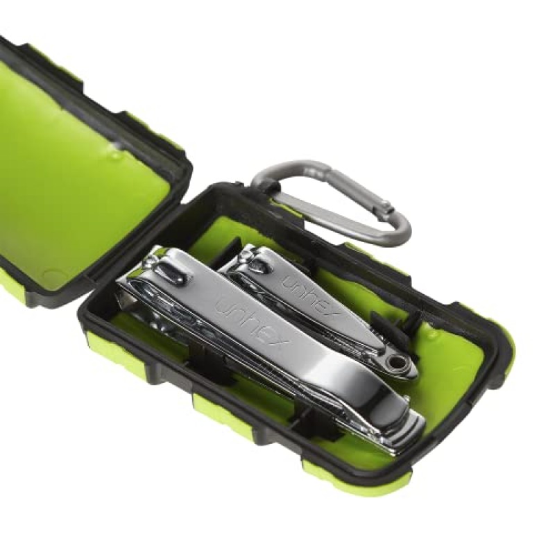 UNHEX – Unhex 스포츠 케이스 01 – 소형 손톱깎이 + 대형 손톱깎이 + 카라비너 ​​후크 - 페디큐어 도구, 네일 키트, 손톱깎이, 셀프 케어, 손톱깎이, 발톱깎이 – 검정/녹색/회색