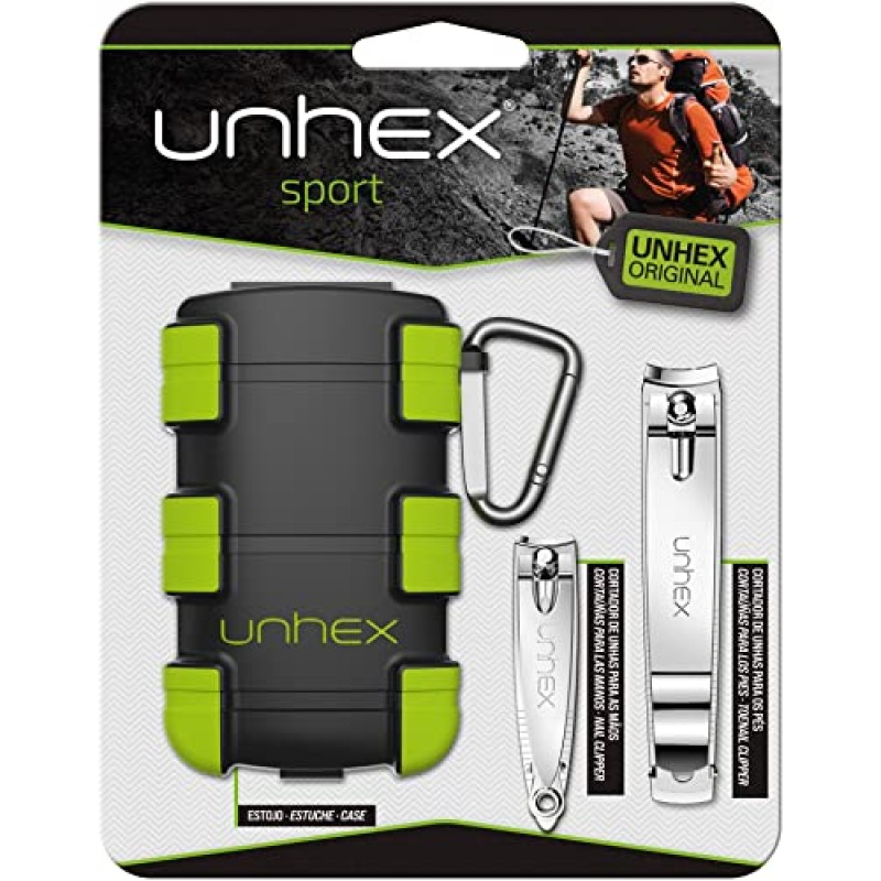 UNHEX – Unhex 스포츠 케이스 01 – 소형 손톱깎이 + 대형 손톱깎이 + 카라비너 ​​후크 - 페디큐어 도구, 네일 키트, 손톱깎이, 셀프 케어, 손톱깎이, 발톱깎이 – 검정/녹색/회색
