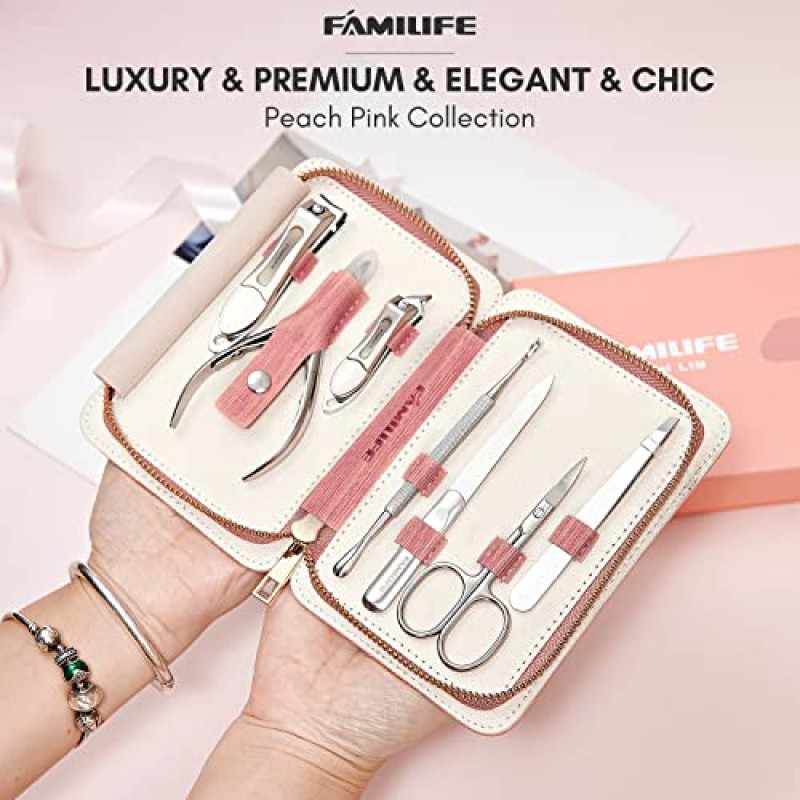 네일 키트 FAMILIFE 매니큐어 키트 페디큐어 키트 매니큐어 세트 7PCS 네일 용품 네일 케어 키트 여성 매니큐어 세트 전문 손톱깎이 스테인레스 스틸 핑크 엄마 여성을위한 생일 어머니의 날 선물