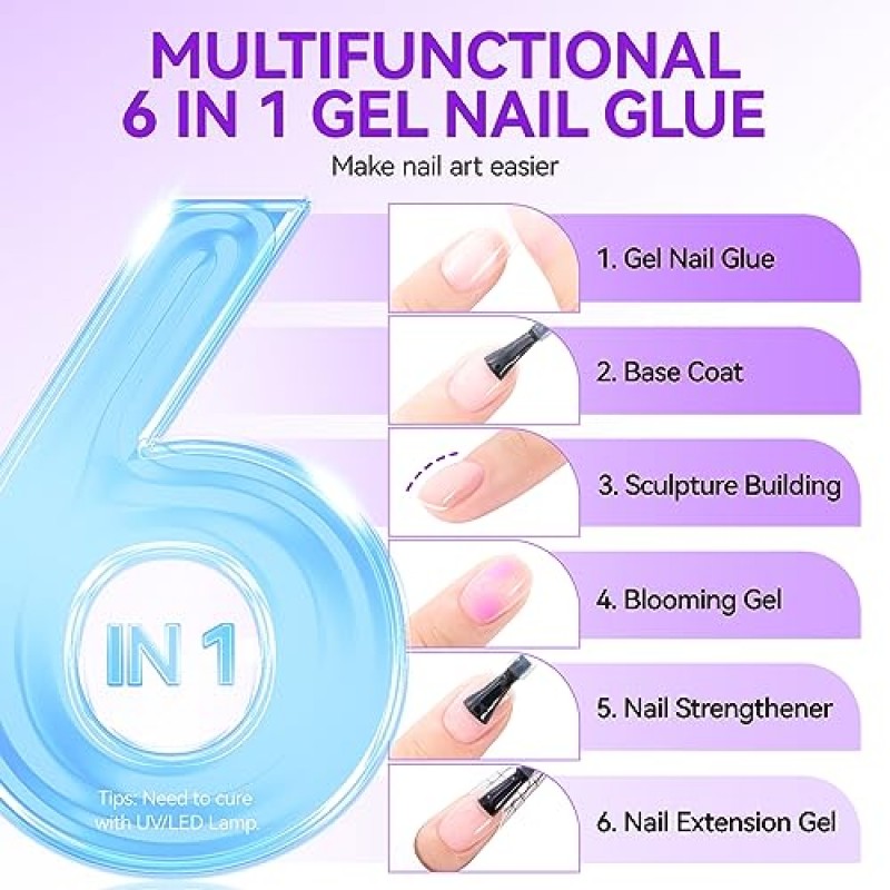 Gelike ec 6 in 1 네일 글루 젤 32ML 2개: 투명 아크릴 네일용 초강력 네일 글루 - 네일 팁의 투명 프레스를 위한 오래 지속되는 연장 젤 접착제 UV 네일 글루 매니큐어, UV 경화 필요