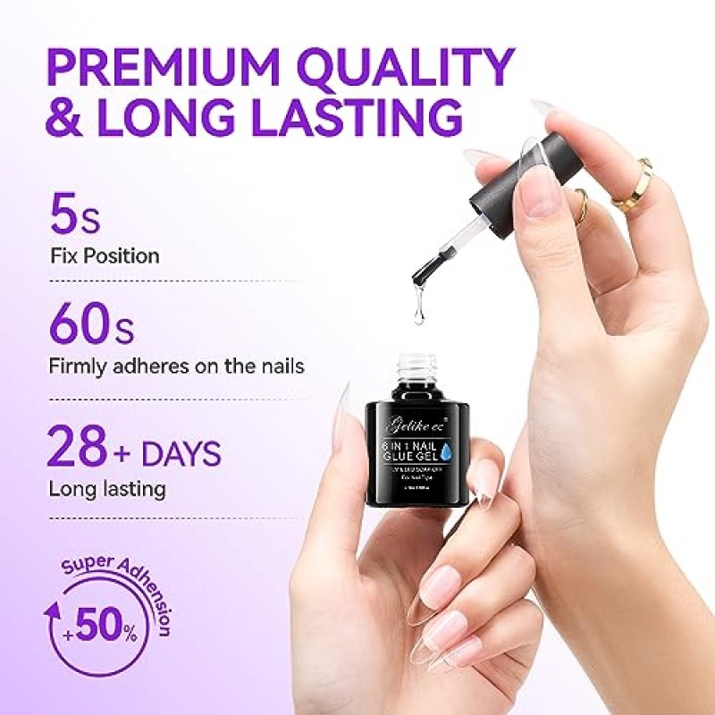 Gelike ec 6 in 1 네일 글루 젤 32ML 2개: 투명 아크릴 네일용 초강력 네일 글루 - 네일 팁의 투명 프레스를 위한 오래 지속되는 연장 젤 접착제 UV 네일 글루 매니큐어, UV 경화 필요