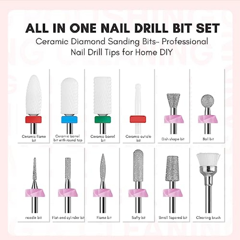 Makartt 네일 드릴 비트, 네일 드릴 E 파일용 12Pcs Dimond 세라믹 비트 세트, 2023 아크릴 손톱을 위한 업그레이드된 네일 젤 폴란드어 리무버 큐티클 클리너 도구 매니큐어 네일 준비, 네일 살롱 홈 DIY 사용