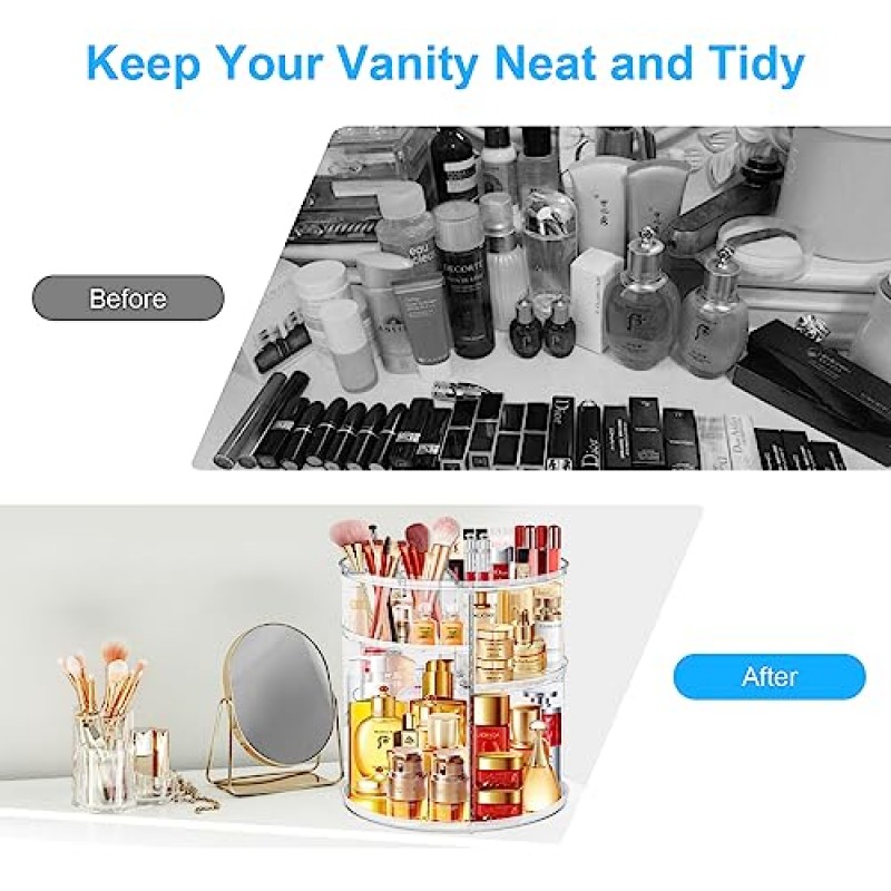360도 회전 메이크업 정리함, DIY 조정 가능한 욕실 향수 정리함 회전 화장품 정리대 세면대 대용량 아크릴 맞는 메이크업 브러쉬 립스틱 클리어