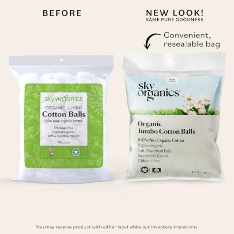 민감한 피부를 위한 Sky Organics 유기농 점보 면봉, 미용 및 개인 관리를 위한 100% 순수 GOTS 인증 유기농, 300ct.