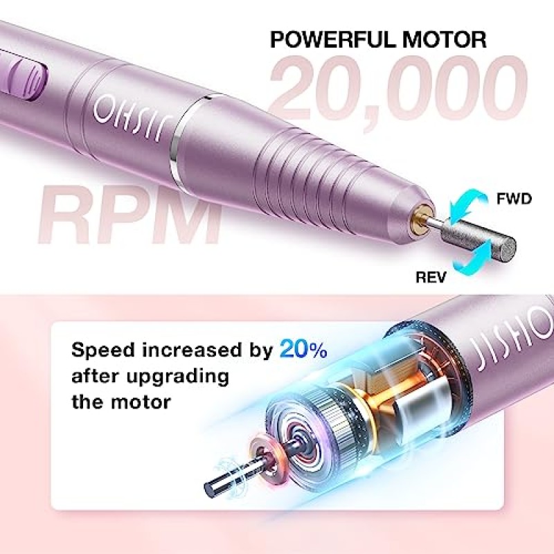 JISHO 전기 네일 드릴 머신, 최대 20000RPM의 무선 휴대용, USB-C 충전, 경량 디자인, 12 in 1 키트 전문 네일 드릴 네일 매니아를 위한 완벽한 선물(보라색)