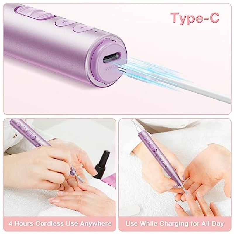 JISHO 전기 네일 드릴 머신, 최대 20000RPM의 무선 휴대용, USB-C 충전, 경량 디자인, 12 in 1 키트 전문 네일 드릴 네일 매니아를 위한 완벽한 선물(보라색)