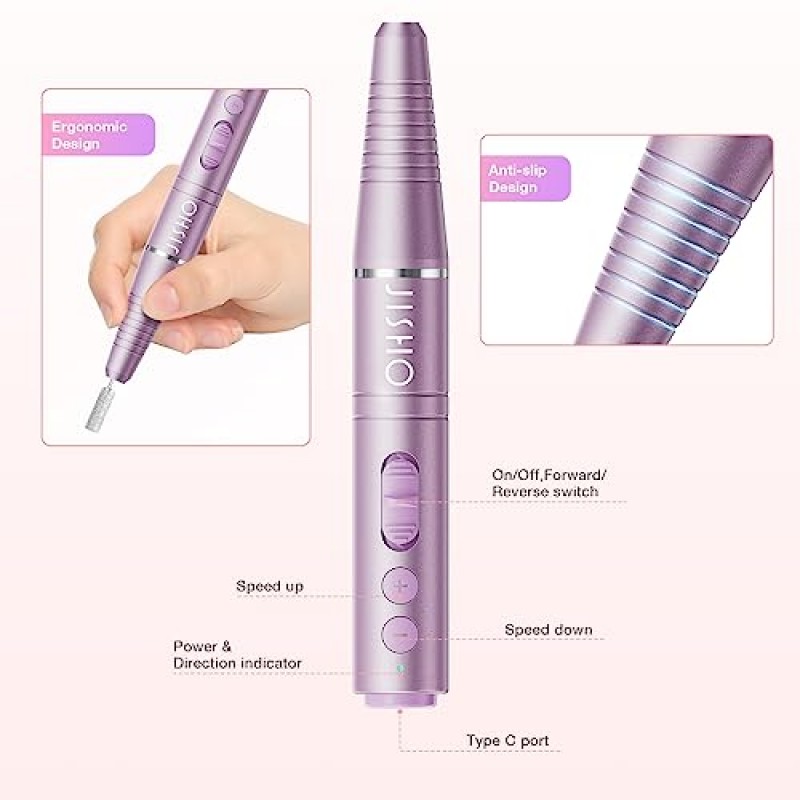 JISHO 전기 네일 드릴 머신, 최대 20000RPM의 무선 휴대용, USB-C 충전, 경량 디자인, 12 in 1 키트 전문 네일 드릴 네일 매니아를 위한 완벽한 선물(보라색)