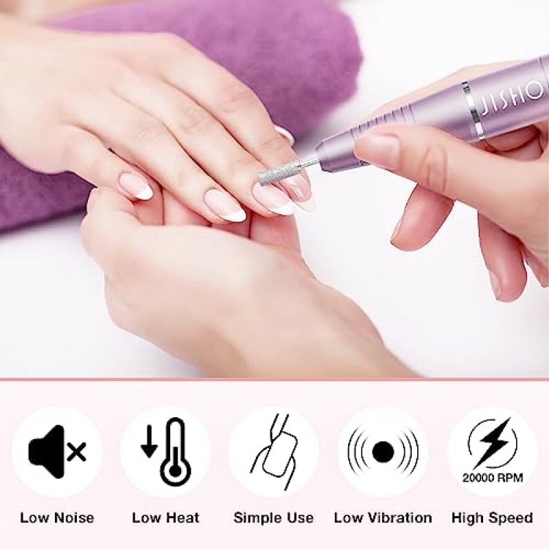 JISHO 전기 네일 드릴 머신, 최대 20000RPM의 무선 휴대용, USB-C 충전, 경량 디자인, 12 in 1 키트 전문 네일 드릴 네일 매니아를 위한 완벽한 선물(보라색)