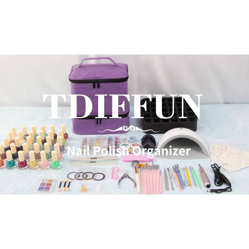 TDIFFUN 매니큐어 정리함 및 네일 건조기 케이스, 30병(15ml/0.5 fl.oz) 및 1개의 Led 네일 램프를 수용하는 이중층 매니큐어 보관함, 매니큐어 키트 세트용 여행용 운반 케이스(보라색)