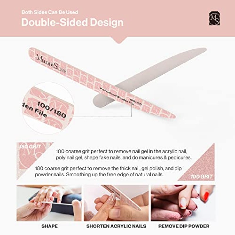 MelodySusie 10 PCS 100/180 그릿 전문 목재 네일 파일, 양면 에머리 보드 아크릴 네일용 네일 파일, 가정용 및 살롱 사용을 위한 세척 가능한 네일 아트 매니큐어 페디큐어 도구, 핑크