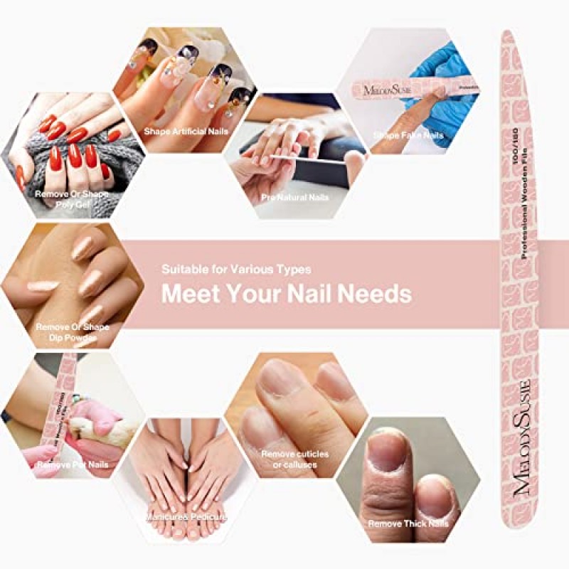 MelodySusie 10 PCS 100/180 그릿 전문 목재 네일 파일, 양면 에머리 보드 아크릴 네일용 네일 파일, 가정용 및 살롱 사용을 위한 세척 가능한 네일 아트 매니큐어 페디큐어 도구, 핑크