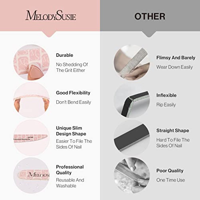 MelodySusie 10 PCS 100/180 그릿 전문 목재 네일 파일, 양면 에머리 보드 아크릴 네일용 네일 파일, 가정용 및 살롱 사용을 위한 세척 가능한 네일 아트 매니큐어 페디큐어 도구, 핑크
