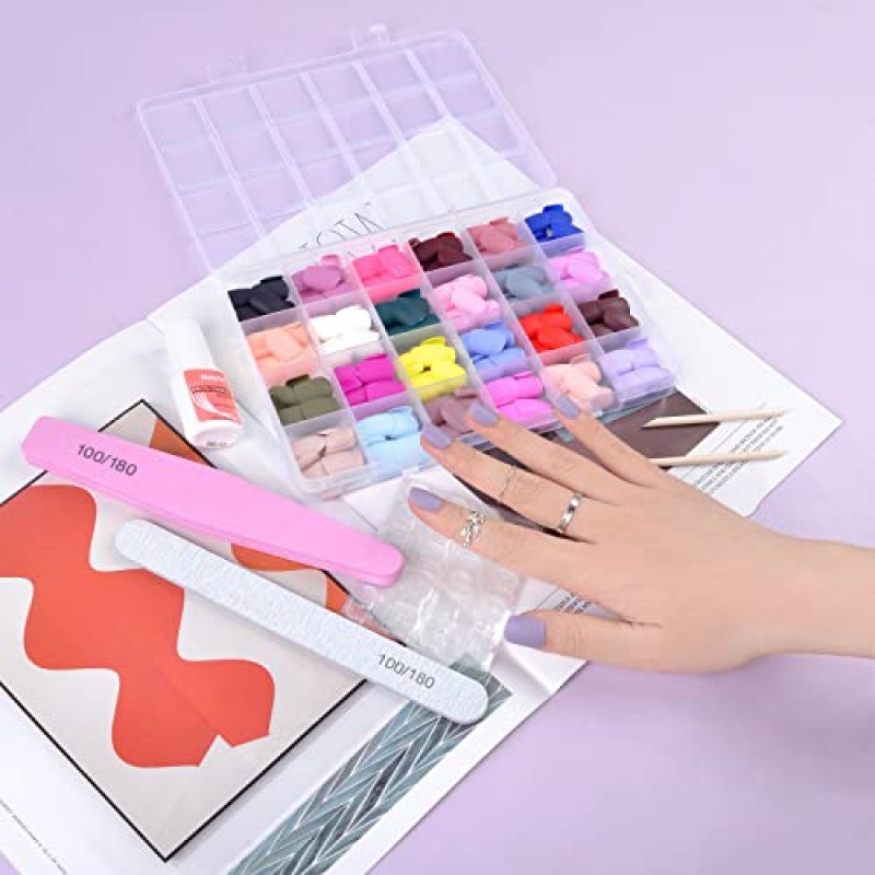 손톱에 EYL 프레스 짧은 24 팩 576PCS 손톱에 짧은 라운드 프레스 무광택 아크릴 가짜 손톱 손톱과 손톱 접착 탭에 전체 커버 접착제 여자를위한 가짜 손톱 여자 DIY 24 색