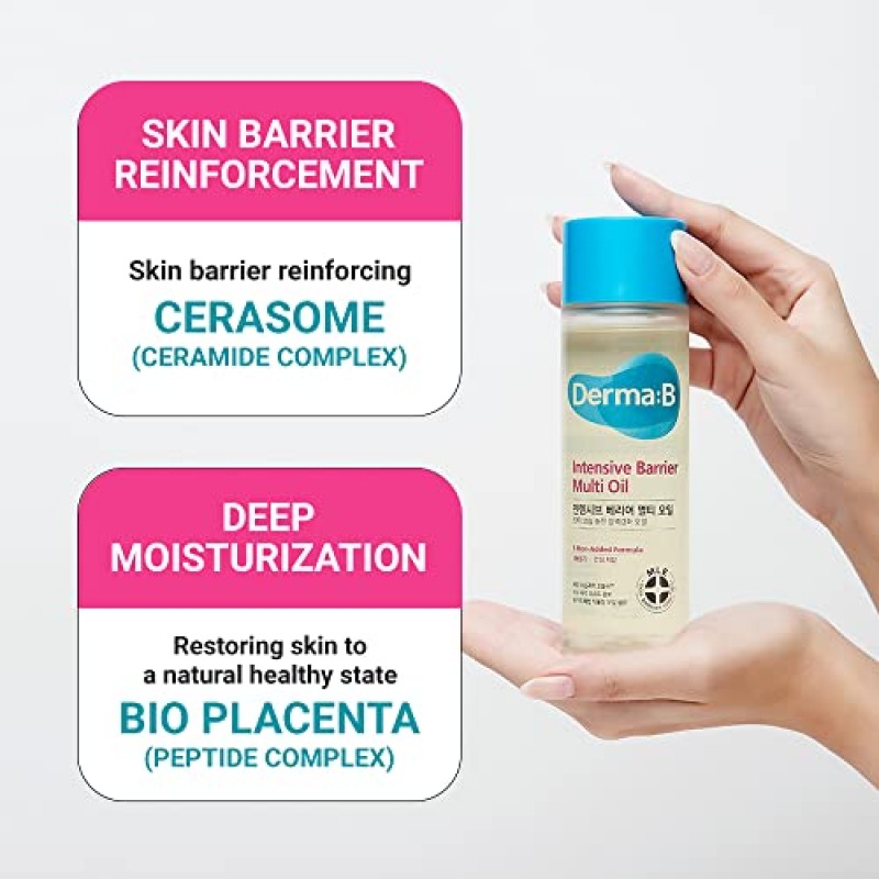 DERMA B 인텐시브 베리어 멀티 오일 135ml, 4.56 Fl Oz, 바디, 헤어 및 네일용 보습 끈적임 없는 다용도 오일, 촉촉하고 빛나는 피부를 위한 10가지 식물성 오일, 민감한 피부 관리를 위한 모이스처라이저