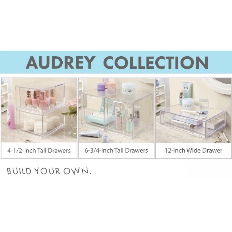 STORi Audrey 쌓을 수 있는 투명 상자 플라스틱 정리함 서랍 | 2개 세트 | 화장대에 화장품 및 미용 용품 정리 | 미국산