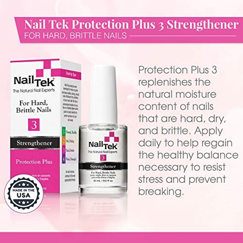 Nail Tek Protection Plus 3, 단단하고 부서지기 쉬운 손톱을 위한 손톱 강화제, 0.5oz, 1팩