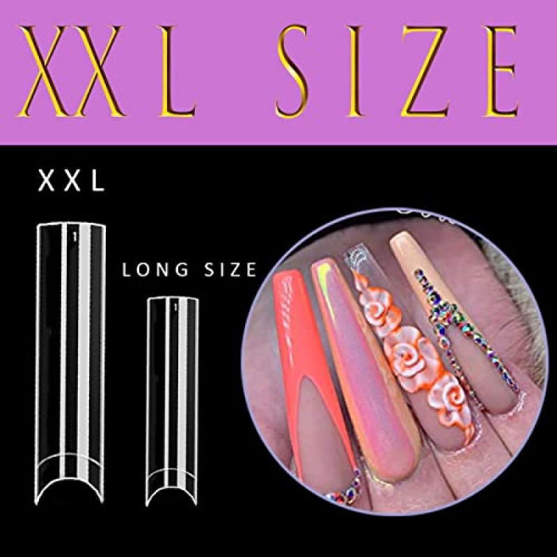 엑스트라 롱 노 C 커브 스트레이트 스퀘어 네일 팁 - 500개 편평한 XXL 없음 커브 인조 네일 팁 EJIUJIUO 하프 커버 플랫 스퀘어 네일 팁 여성용 투명 아크릴 비 C 커브 여성용, 박스 포함 10개 사이즈
