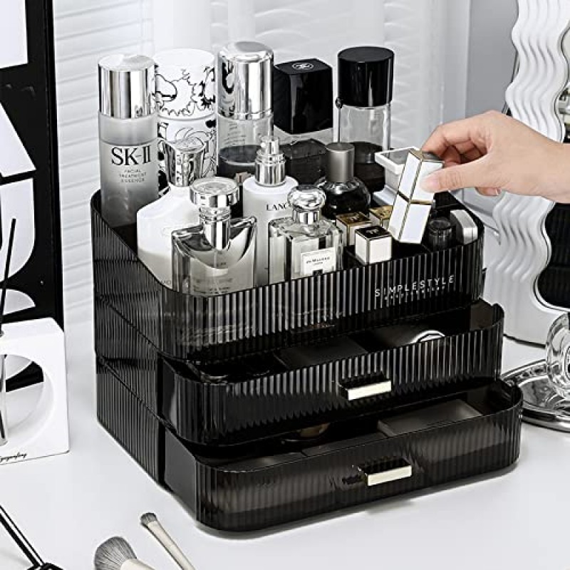 쌓을 수 있는 서랍이 있는 APNYZS 메이크업 정리함, 화장대, 욕실, 침실용 대용량 책상 정리함, 화장품, 스킨케어, 립스틱, 로션, 네일카(검은색, 서랍 1개)에 적합