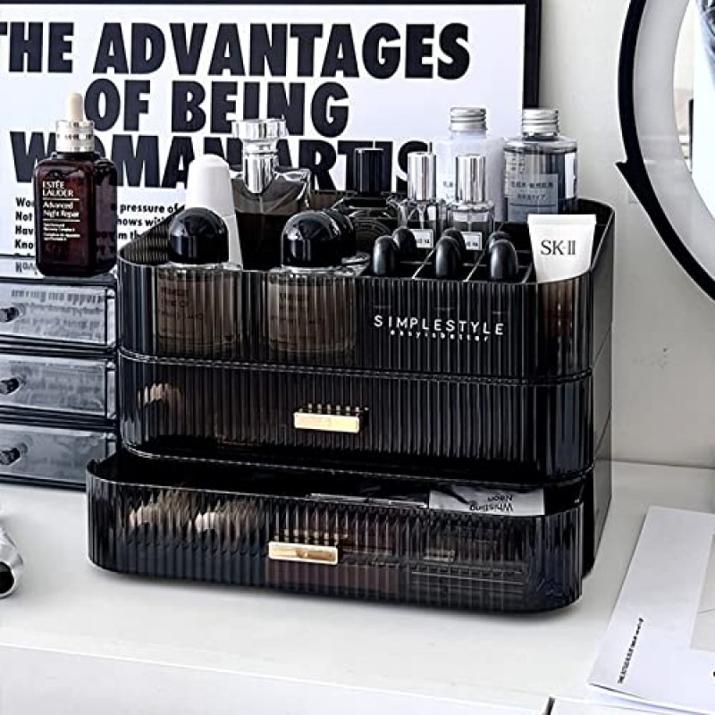 쌓을 수 있는 서랍이 있는 APNYZS 메이크업 정리함, 화장대, 욕실, 침실용 대용량 책상 정리함, 화장품, 스킨케어, 립스틱, 로션, 네일카(검은색, 서랍 1개)에 적합