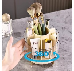 NEWCARLAB 360 회전식 메이크업 정리함 - 화장대용 회전식 메이크업 정리함, 넓은 메이크업 브러쉬 홀더, 메이크업 브러쉬, 아이라이너 펜슬, 립스틱, 스킨 케어에 적합한 7슬롯...(아이보리)