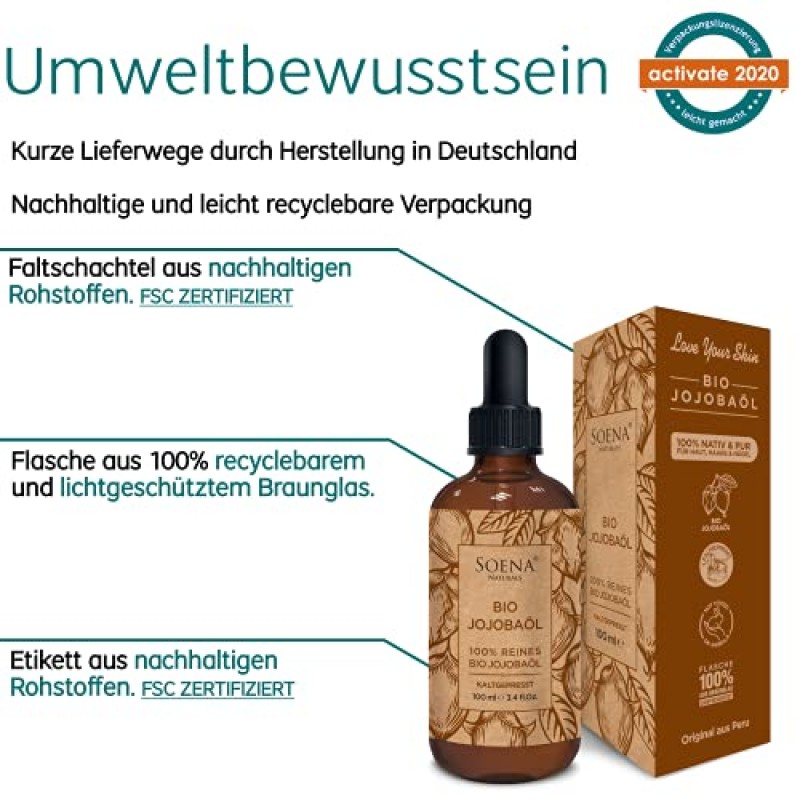 JOJOBAOIL 유기농 냉간 압착 |100% 순수 & 천연 | 얼굴 헤어 피부 및 손톱 | 페이스오일 - 바디오일 | 안티에이징 젊은 피부 - 비건(Vegan) | 보습제