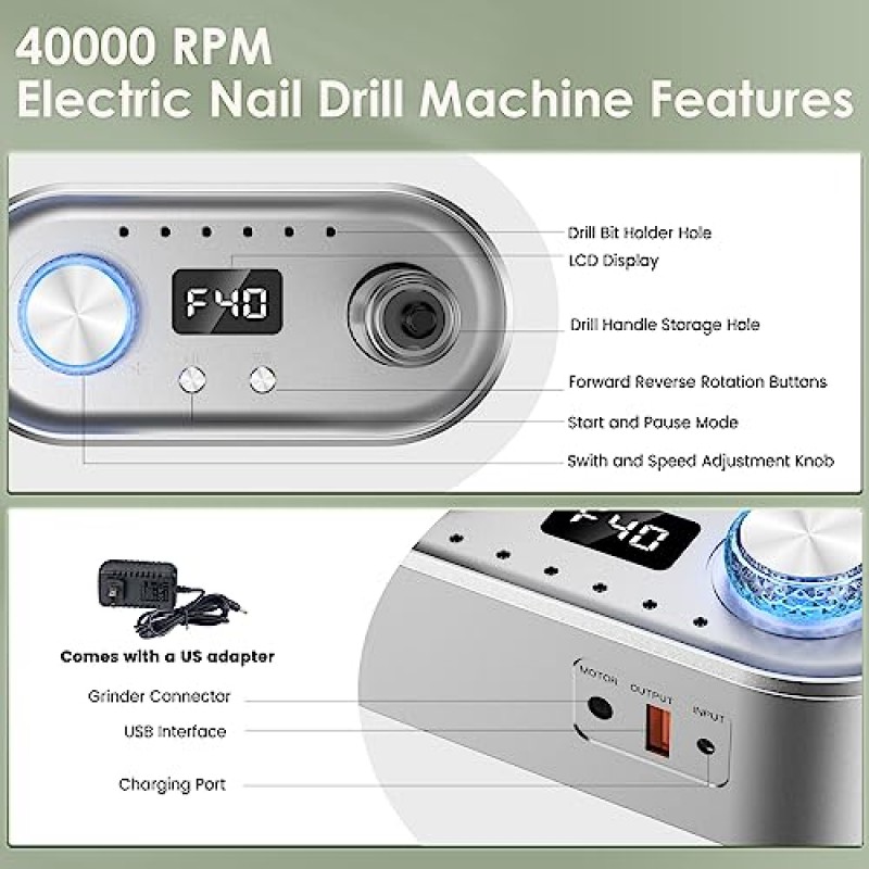전기 네일 드릴 머신, 40000RPM 젤 아크릴 네일용 전문 Efile 네일 드릴 키트, LED 조명, 7비트, F/R 회전, LCD 화면(회색)을 사용한 고속 저진동 저열 네일 연삭