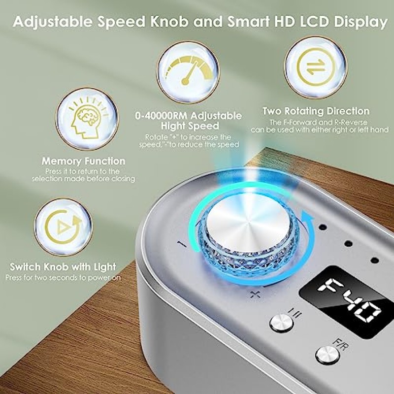 전기 네일 드릴 머신, 40000RPM 젤 아크릴 네일용 전문 Efile 네일 드릴 키트, LED 조명, 7비트, F/R 회전, LCD 화면(회색)을 사용한 고속 저진동 저열 네일 연삭