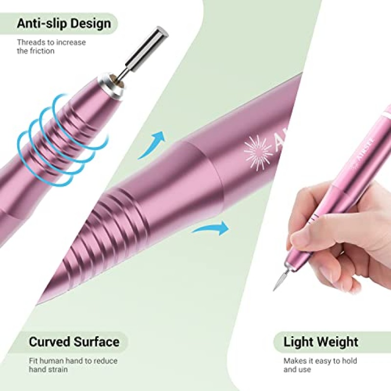 AIRSEE USB 휴대용 전기 손톱 드릴 20000 RPM 전문 Efile 키트 매니큐어용 무선 E 파일러 페디큐어 아크릴 젤 폴란드어 모양 도구 6비트 26 샌딩 밴드 유리 파일 먼지 브러시 핑크