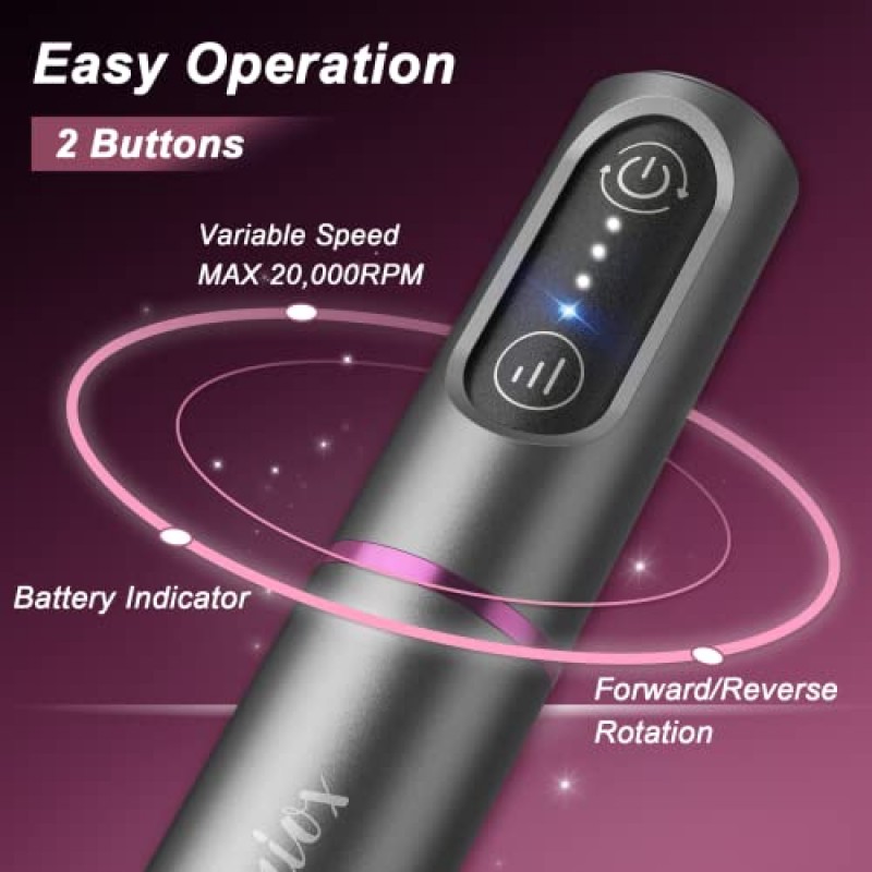 Auriox 무선 네일 드릴, 아크릴 젤 네일용 USB-C 충전식 전기 네일 파일, 전문 휴대용 네일 드릴 키트 세라믹 네일 비트가 포함된 매니큐어 페디큐어, 6개의 금속 비트, 다양한 모래 밴드