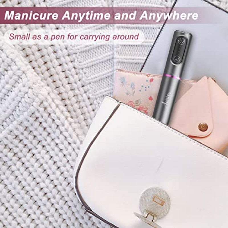 Auriox 무선 네일 드릴, 아크릴 젤 네일용 USB-C 충전식 전기 네일 파일, 전문 휴대용 네일 드릴 키트 세라믹 네일 비트가 포함된 매니큐어 페디큐어, 6개의 금속 비트, 다양한 모래 밴드