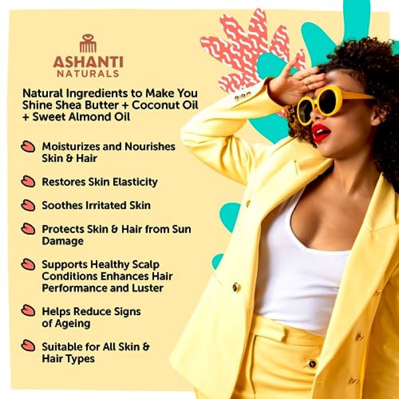피부를 위한 Ashanti Naturals 향 휘핑 시어 버터 | 보습 아프리카 생 시어 버터, 아몬드 오일, 코코넛(미드나잇 앰버 수플레, 8온스)