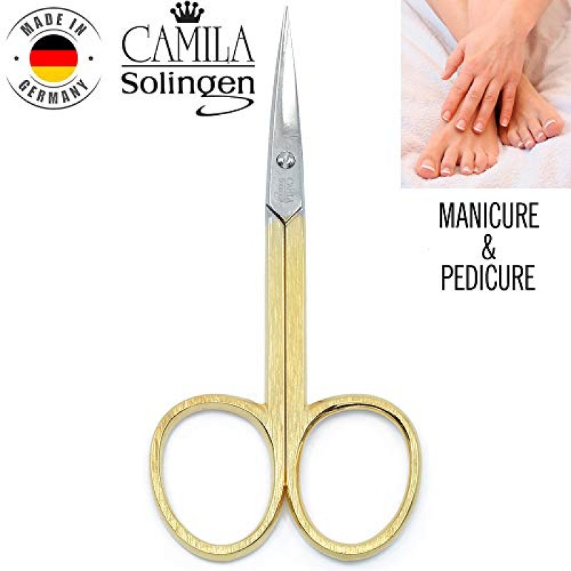 Camila Solingen CS05 전문 네일 큐티클 가위, 저자극성 금도금 날카로운 곡선 매니큐어 페디큐어 손가락 및 발톱 관리용 손질. 독일 졸링겐에서 스테인레스 스틸로 제작