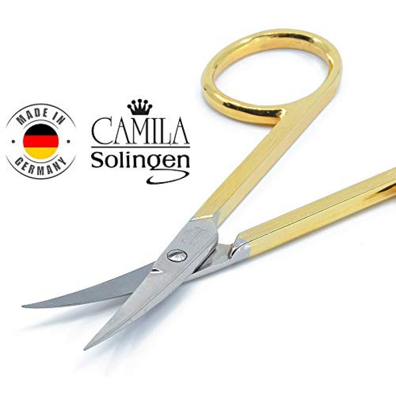 Camila Solingen CS05 전문 네일 큐티클 가위, 저자극성 금도금 날카로운 곡선 매니큐어 페디큐어 손가락 및 발톱 관리용 손질. 독일 졸링겐에서 스테인레스 스틸로 제작