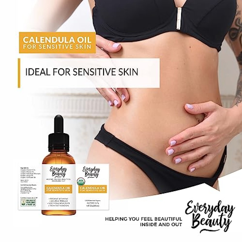 민감한 피부를 위한 유기농 금송화 오일 - USDA 인증 100% 천연 식물 기반, 민감한 피부를 위한 가볍고 무향의 부드러운 수딩 오일 - 얼굴, 피부 및 전신용 - 1 Fl Oz 유리 및 점적기