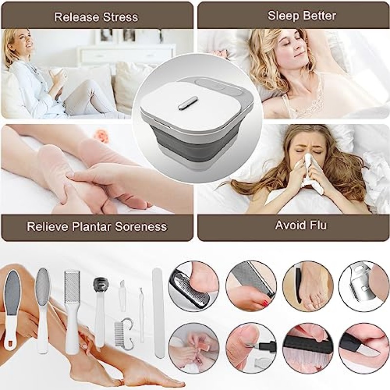 열 및 마사지 롤러가 포함된 UNIFULL 접이식 발 스파 욕조, 버블, 발 페디큐어 키트, 온도 조절, 적색등, 페디큐어 발 스파, 발 욕조