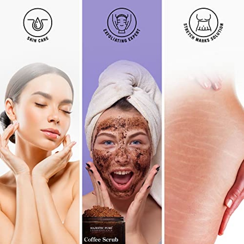 MAJESTIC PURE 아라비카 커피 스크럽 - 피부 관리, 튼살, 여드름 및 셀룰라이트를 위한 천연 각질 제거 바디 스크럽, 거미 정맥, 습진, 검버섯 및 정맥류 감소 - 10온스