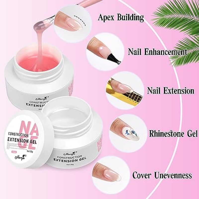 Monja Builder 네일 젤 키트 2*30g 클리어 핑크 컬러 네일 UV 익스텐션 베이스 젤 탑코트 네일 빌딩용 세트 20개 네일 폼으로 하드 젤 네일 아트 매니큐어 강화 초보자를 위한 UV 네일 브러쉬 DIY 홈, 네일 살롱