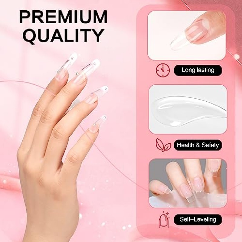 Monja Builder 네일 젤 키트 2*30g 클리어 핑크 컬러 네일 UV 익스텐션 베이스 젤 탑코트 네일 빌딩용 세트 20개 네일 폼으로 하드 젤 네일 아트 매니큐어 강화 초보자를 위한 UV 네일 브러쉬 DIY 홈, 네일 살롱