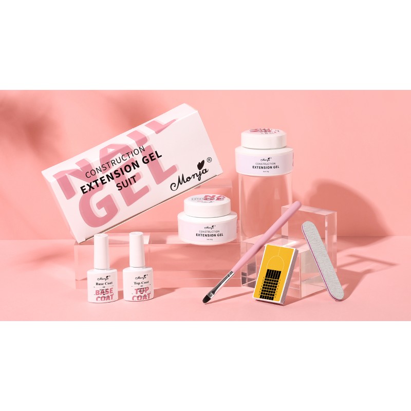 Monja Builder 네일 젤 키트 2*30g 클리어 핑크 컬러 네일 UV 익스텐션 베이스 젤 탑코트 네일 빌딩용 세트 20개 네일 폼으로 하드 젤 네일 아트 매니큐어 강화 초보자를 위한 UV 네일 브러쉬 DIY 홈, 네일 살롱