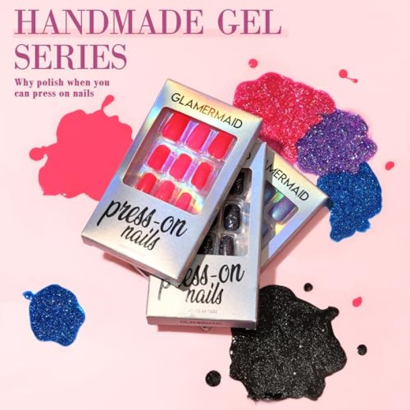 손톱에 흰색 프레스 여분의 짧은 아몬드, GLAMERMAID 손톱에 수제 쉘 젤리 젤 접착제, 광택 크롬 라운드 재사용 가능한 광택 가짜 손톱 도넛, 타원형 아크릴 웨딩 틀린 손톱 여성용 매니큐어 키트 선물