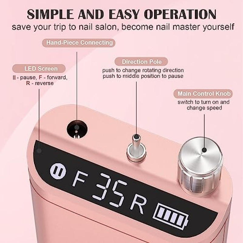 Kredioo 네일 드릴, 전문 아크릴 손톱용 네일 드릴 35000RPM 충전식 휴대용 전기 파일 드릴 머신(10비트 세트 포함) 신속하게 젤 폴리쉬 살롱 품질 매니큐어 제거-골드 제거