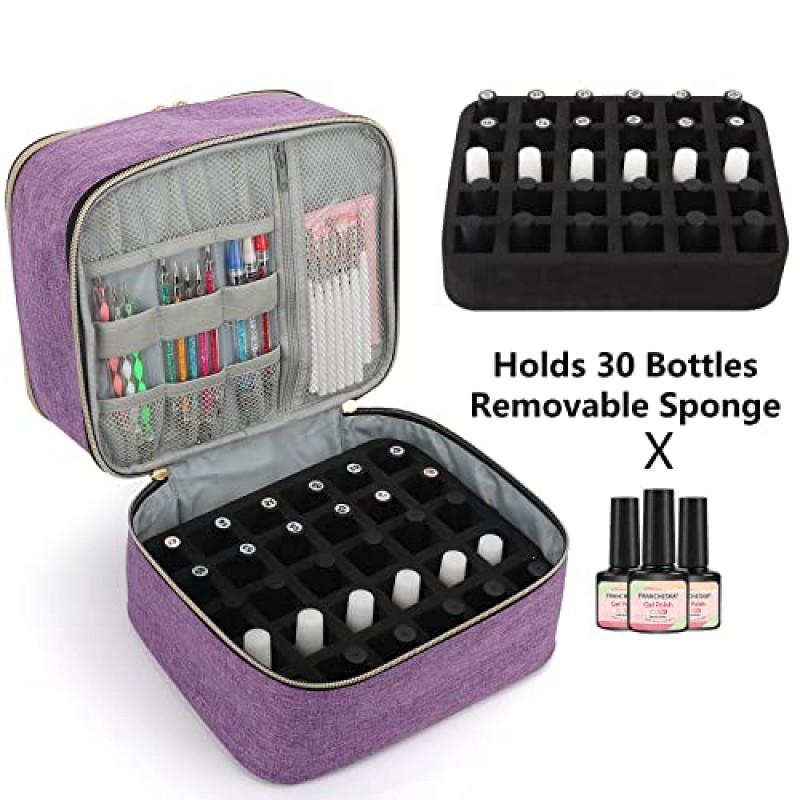 매니큐어 정리함 휴대용 케이스, 더블 레이어 매니큐어 보관 정리함 가방, 30병 수용 젤 매니큐어 및 1개의 LED 네일 램프, 네일 아트 도구 및 매니큐어 액세서리용 여행용 메이크업 가방