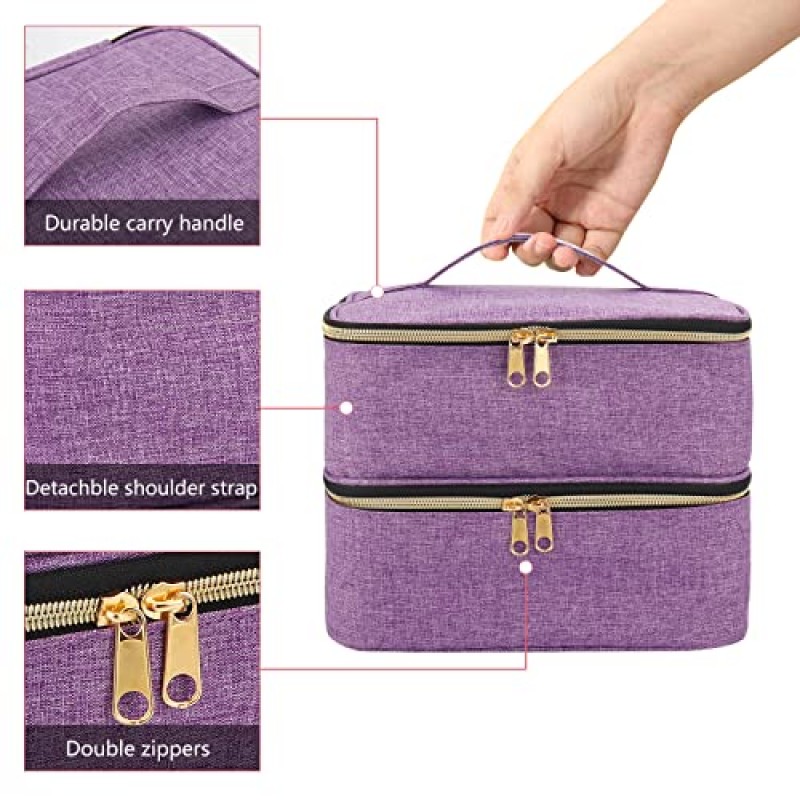 매니큐어 정리함 휴대용 케이스, 더블 레이어 매니큐어 보관 정리함 가방, 30병 수용 젤 매니큐어 및 1개의 LED 네일 램프, 네일 아트 도구 및 매니큐어 액세서리용 여행용 메이크업 가방