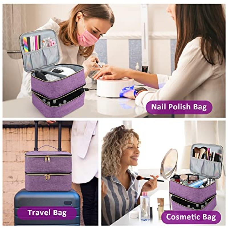 매니큐어 정리함 휴대용 케이스, 더블 레이어 매니큐어 보관 정리함 가방, 30병 수용 젤 매니큐어 및 1개의 LED 네일 램프, 네일 아트 도구 및 매니큐어 액세서리용 여행용 메이크업 가방